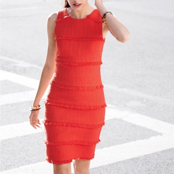 J.Crew Tweed Fringe Sleeveless Cotton Classic Sheath Dress Red Orange Size 4 - Picture 1 of 10